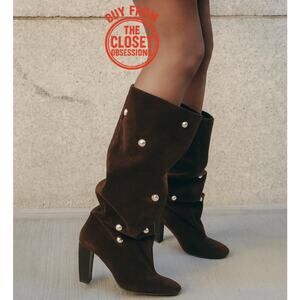 ZARA Knee-High Velvet Effect Boots NWT – Brown Stud Detail – Size 8